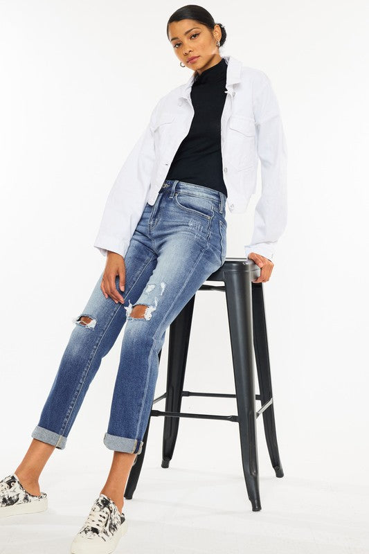 Kan Can High Rise Hem Detail Slim Straight Jeans-Charmful Clothing Boutique