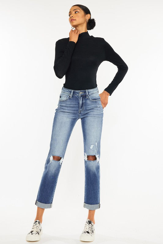 Kan Can High Rise Hem Detail Slim Straight Jeans-Charmful Clothing Boutique