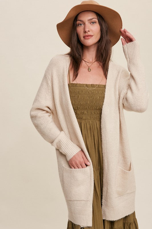 Two Pocket Open-Front Long Knit Cardigan-Charmful Clothing Boutique