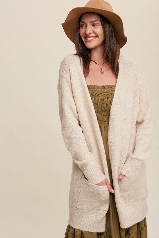 Two Pocket Open-Front Long Knit Cardigan-Charmful Clothing Boutique