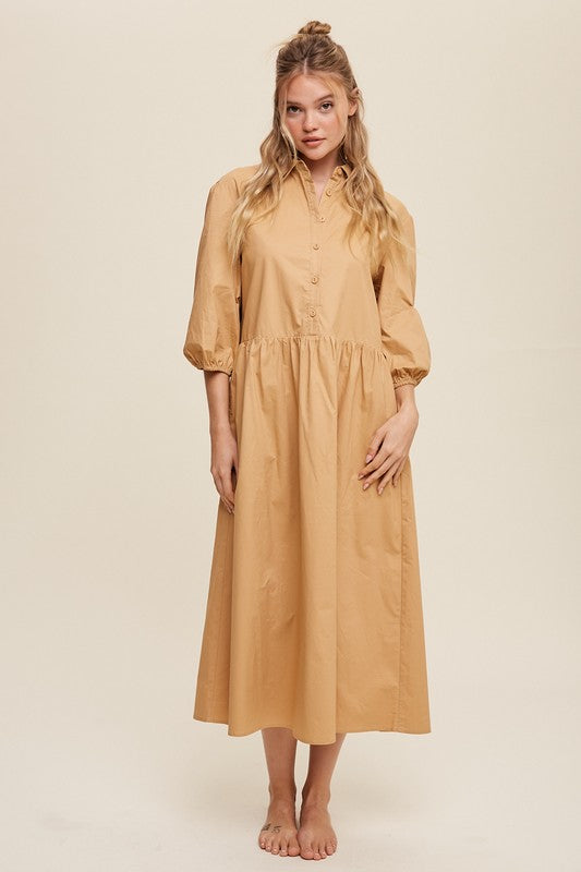Button Front Puff Sleeve Babydoll Maxi Dress-Charmful Clothing Boutique