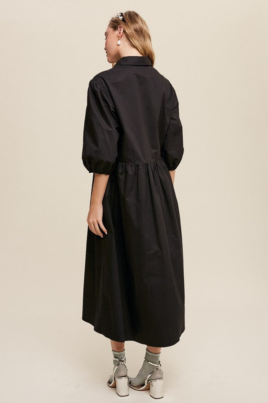 Button Front Puff Sleeve Babydoll Maxi Dress-Charmful Clothing Boutique