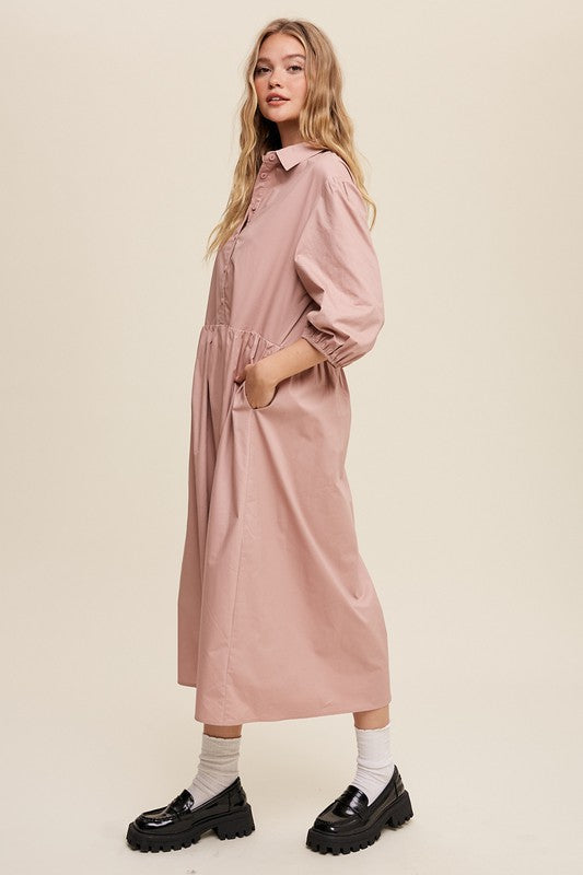 Button Front Puff Sleeve Babydoll Maxi Dress-Charmful Clothing Boutique