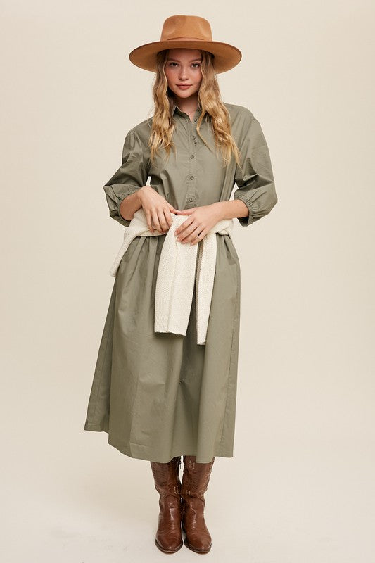 Button Front Puff Sleeve Babydoll Maxi Dress-Charmful Clothing Boutique