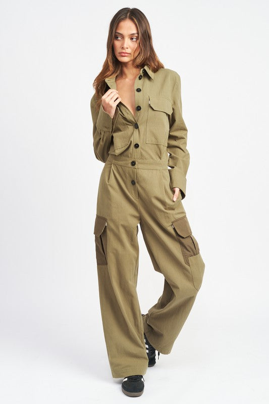 BOTTON DOWN CARGO JUMPSUIT-Charmful Clothing Boutique