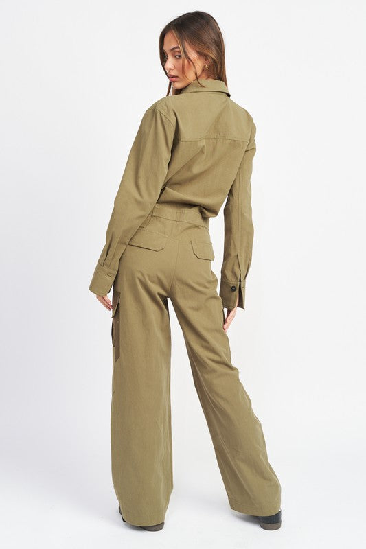 BOTTON DOWN CARGO JUMPSUIT-Charmful Clothing Boutique