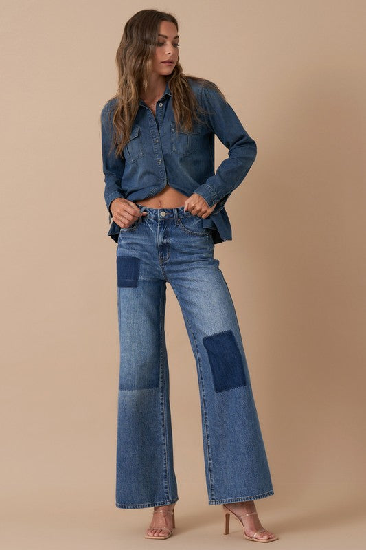 RELAXED WIDE LEG PATCHWORK JEANS-Charmful Clothing Boutique
