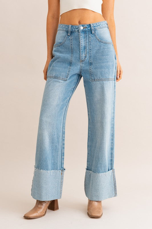 High-Waisted Wide Leg Cuffed Jeans-Charmful Clothing Boutique