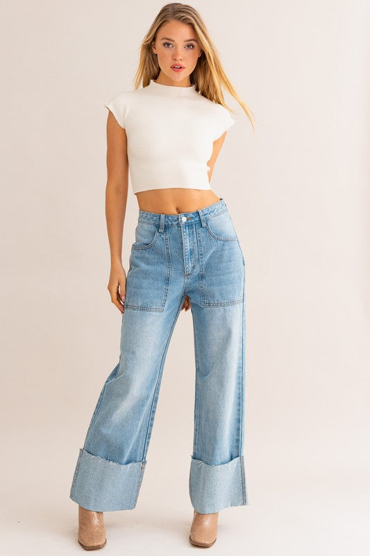 High-Waisted Wide Leg Cuffed Jeans-Charmful Clothing Boutique