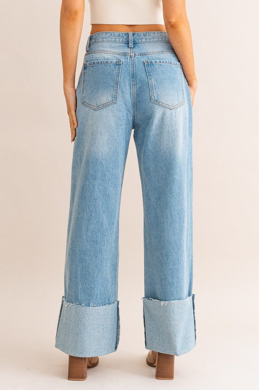 High-Waisted Wide Leg Cuffed Jeans-Charmful Clothing Boutique