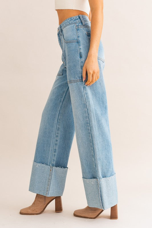 High-Waisted Wide Leg Cuffed Jeans-Charmful Clothing Boutique