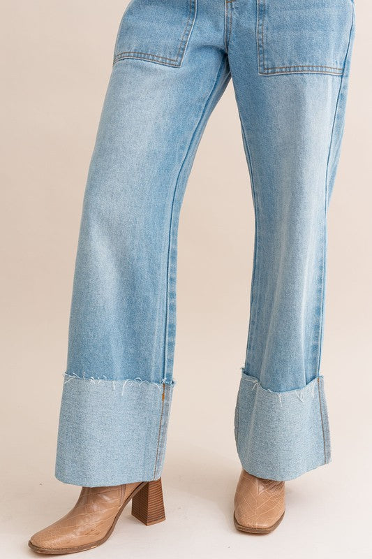 High-Waisted Wide Leg Cuffed Jeans-Charmful Clothing Boutique