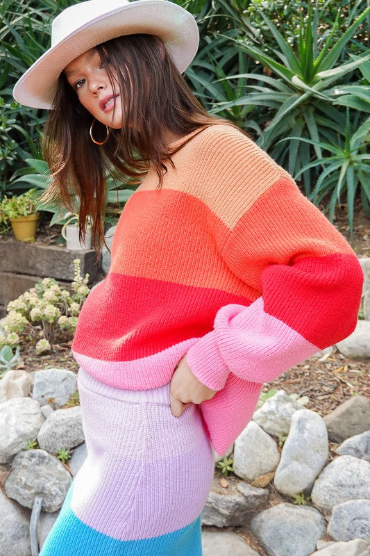 Bold Rainbow Stripe Oversized Chunky Knit Pullover-Charmful Clothing Boutique