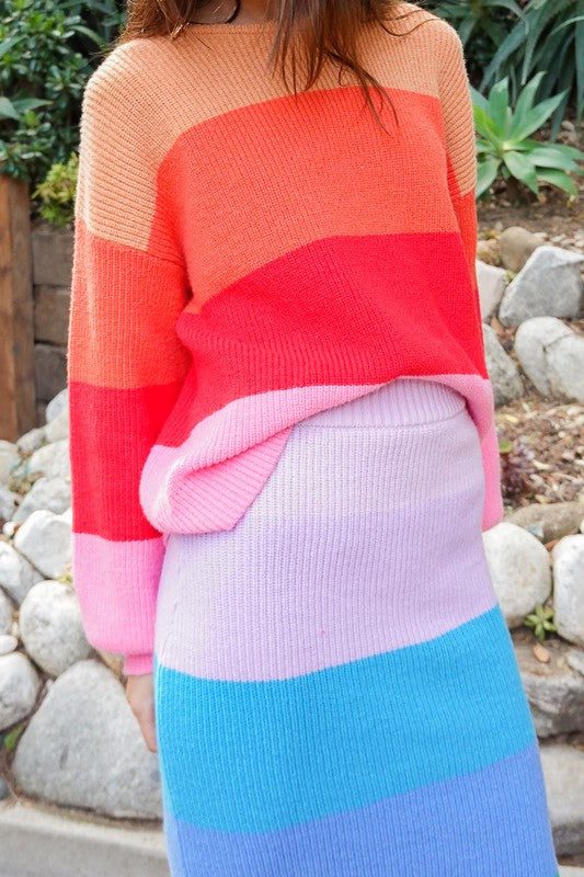 Bold Rainbow Stripe Oversized Chunky Knit Pullover-Charmful Clothing Boutique