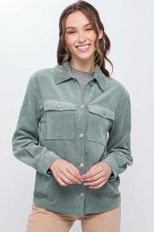 Corduroy Button Down Jacket With Pockets-Charmful Clothing Boutique