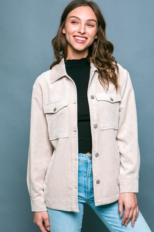 Corduroy Button Down Jacket With Pockets-Charmful Clothing Boutique