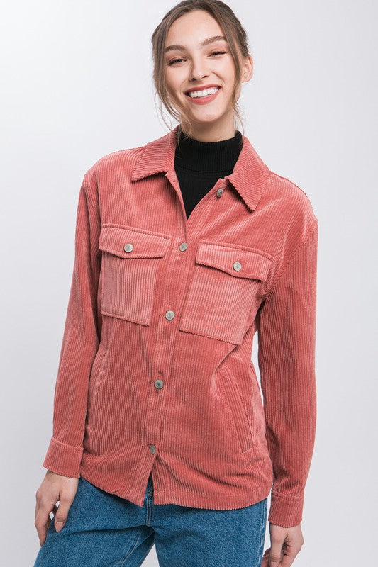 Corduroy Button Down Jacket With Pockets-Charmful Clothing Boutique