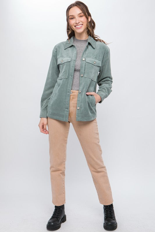 Corduroy Button Down Jacket With Pockets-Charmful Clothing Boutique