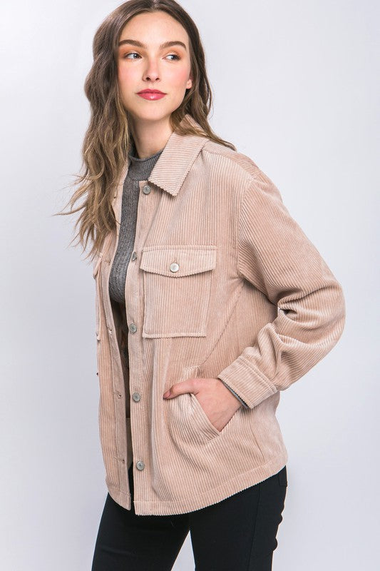 Corduroy Button Down Jacket With Pockets-Charmful Clothing Boutique