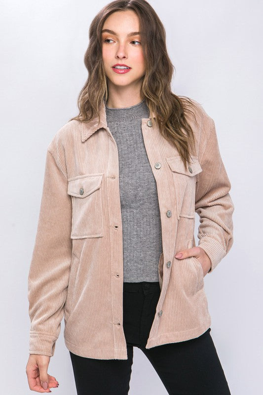 Corduroy Button Down Jacket With Pockets-Charmful Clothing Boutique