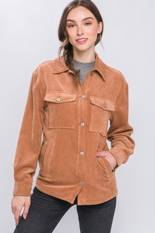 Corduroy Button Down Jacket With Pockets-Charmful Clothing Boutique