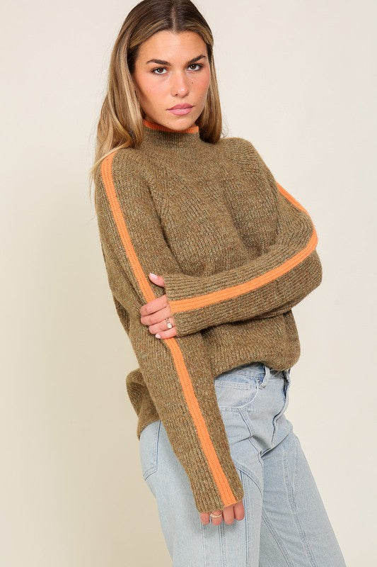 Marled Brown Raglan Sleeve Funnel Neck Sweater-Charmful Clothing Boutique