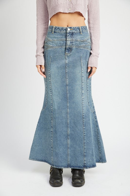 FLUTED DENIM MAXI SKIRT-Charmful Clothing Boutique