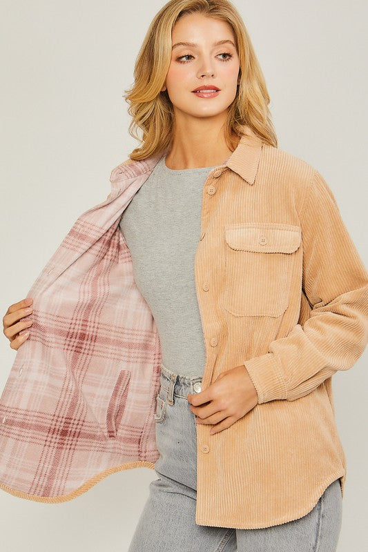 Corduroy Reversible Button Down Jacket-Charmful Clothing Boutique