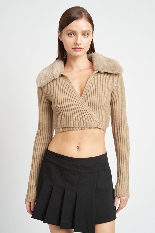 V NECK CARDIGAN WITH FUR COLLAR-Charmful Clothing Boutique