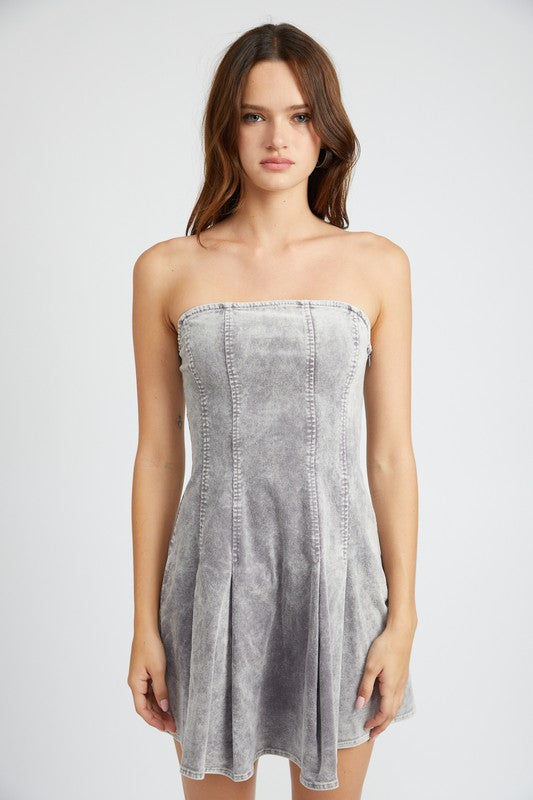 PLEATED STRAPLESS MINI DRESS-Charmful Clothing Boutique