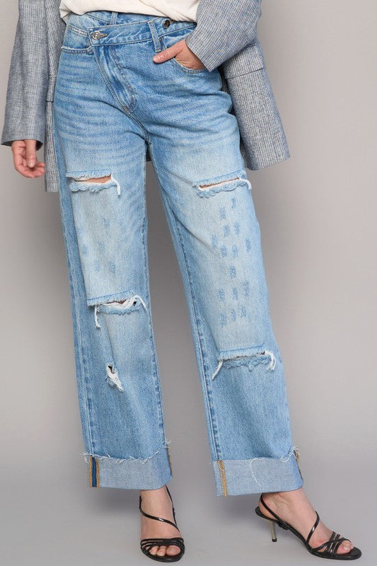 High Waist Crossover Ripped Straight Jeans-Charmful Clothing Boutique