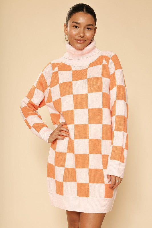 Checkered turtleneck sweater dress-Charmful Clothing Boutique