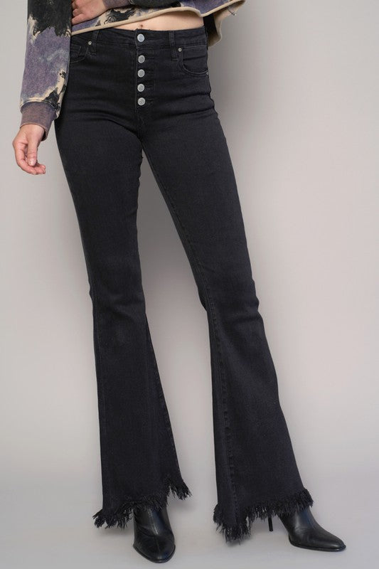Button Fly Fray Hem Flare Jeans-Charmful Clothing Boutique