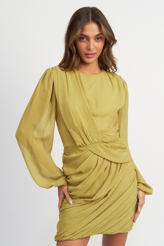 LONG SLEEVE RUCHED MINI DRESS-Charmful Clothing Boutique