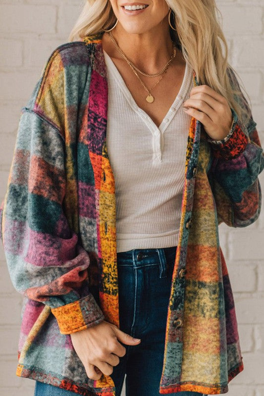 Mustard Red plaid button Shacket Cardigan Sweater-Charmful Clothing Boutique