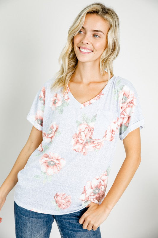 PLUS TRIBLEND FLORAL V NECK TOP-Charmful Clothing Boutique