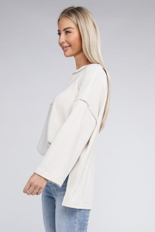 Ribbed Brushed Melange Hacci Henley Sweater-Charmful Clothing Boutique