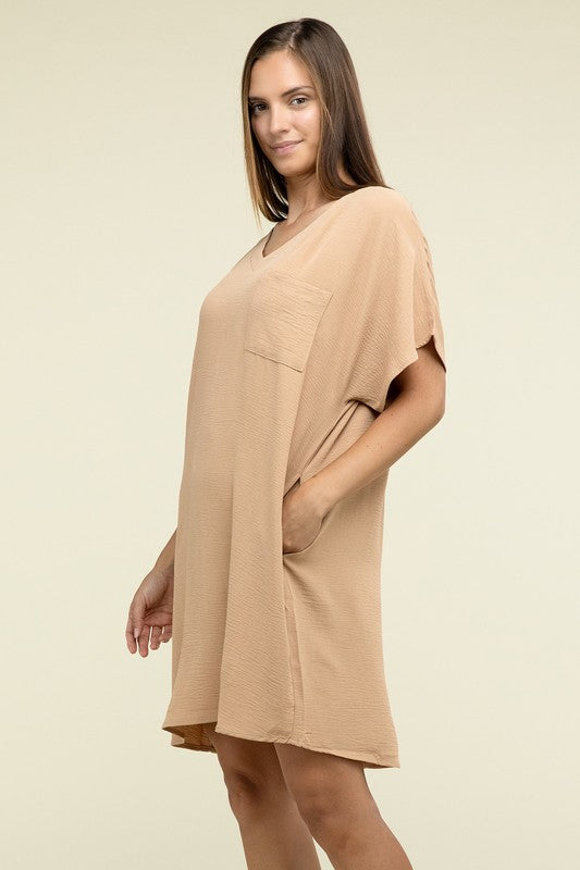 Woven Airflow V Neck T-Shirt Dress with Pockets-Charmful Clothing Boutique