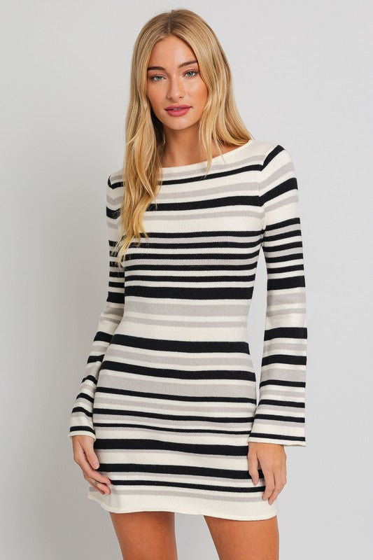Boat Neck Bell Sleeve Sweater Dress-Charmful Clothing Boutique