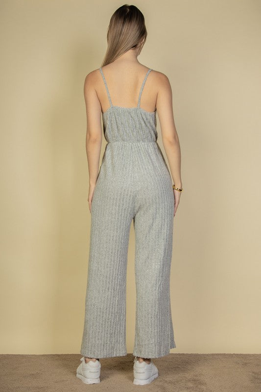 Sweater-Knit Fuzzy Frenchy Tie Front Cami Jumpsuit-Charmful Clothing Boutique