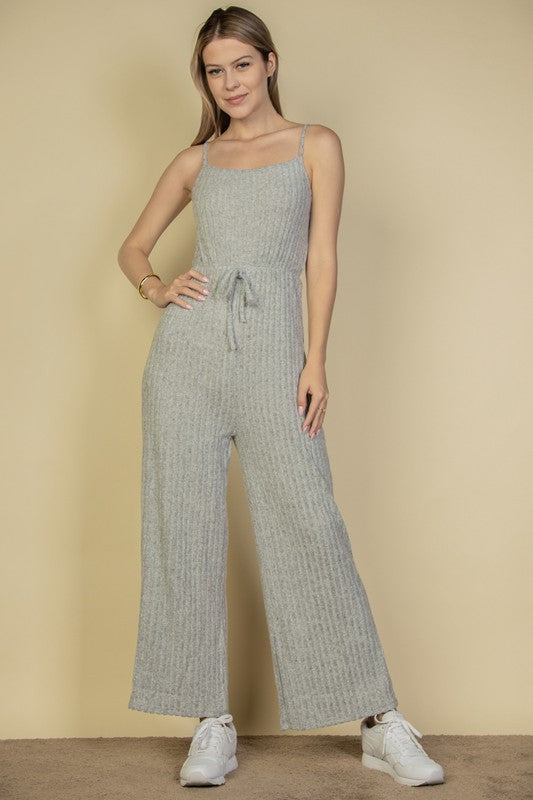 Sweater-Knit Fuzzy Frenchy Tie Front Cami Jumpsuit-Charmful Clothing Boutique