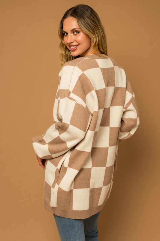 Checker Graphic Sweater Cardigan-Charmful Clothing Boutique