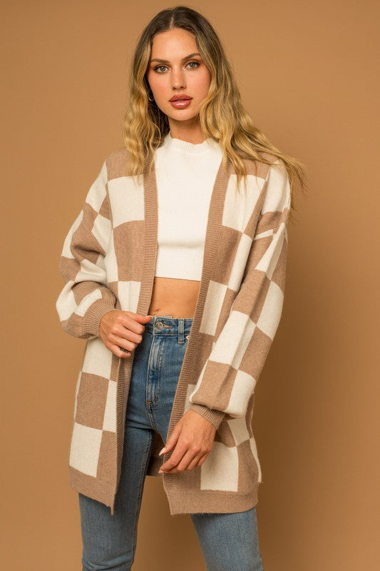 Checker Graphic Sweater Cardigan-Charmful Clothing Boutique