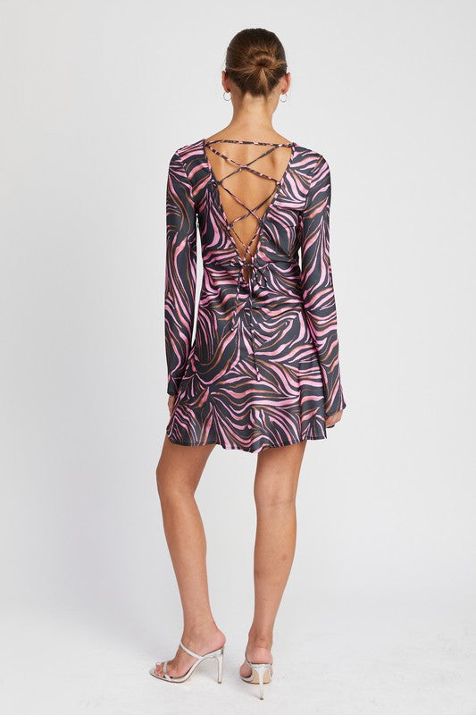 ZEBRA PRINT MINI DRESS WITH LACED UP BACK-Charmful Clothing Boutique