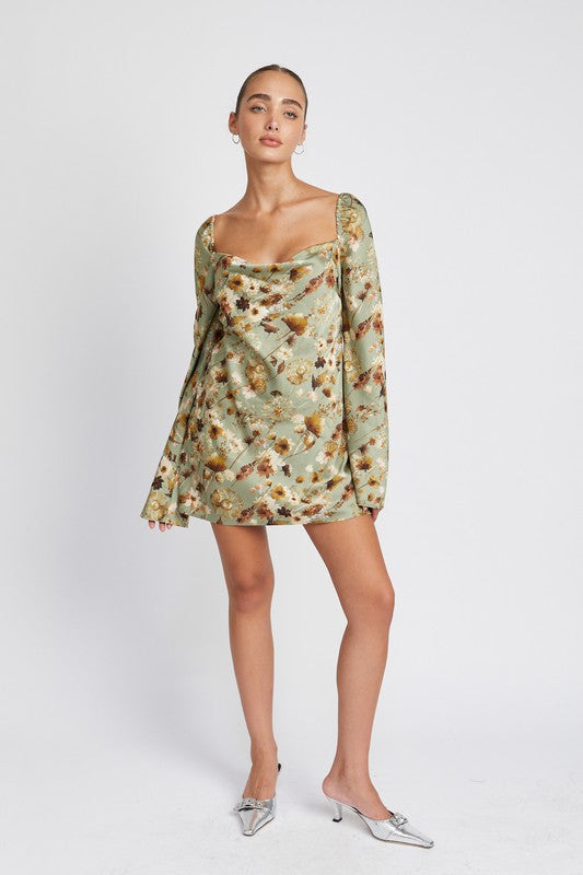 FLORAL LONG SLEEVE MINI DRESS WITH OPEN BACK-Charmful Clothing Boutique