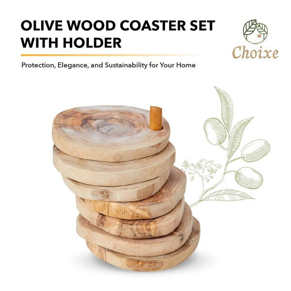 Olive Wood Coaster Set with Holder -7 Pcs-Charmful Clothing Boutique