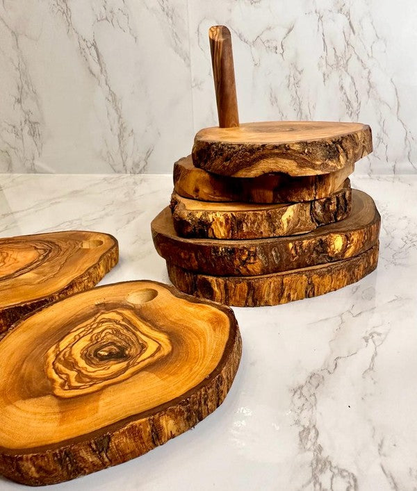 Olive Wood Coaster Set with Holder -7 Pcs-Charmful Clothing Boutique