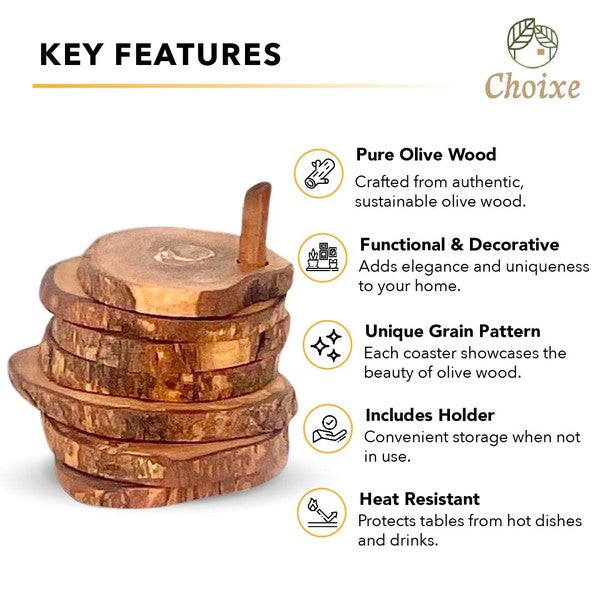 Olive Wood Coaster Set with Holder -7 Pcs-Charmful Clothing Boutique