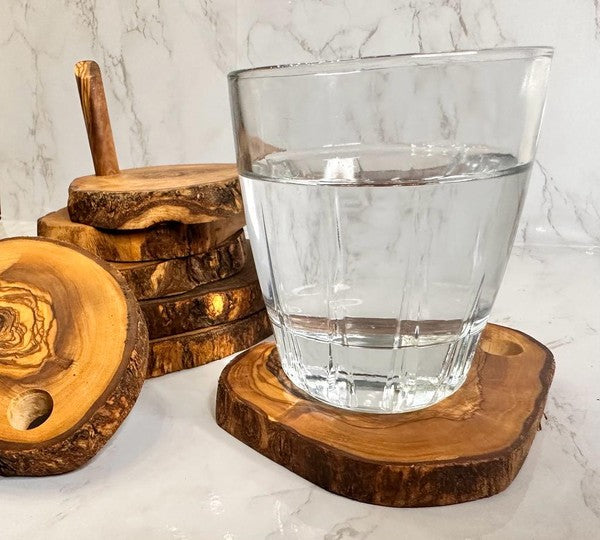 Olive Wood Coaster Set with Holder -7 Pcs-Charmful Clothing Boutique