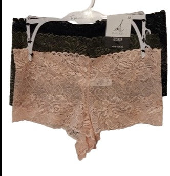 CLEARANCE - French Affair Cheeky Boyshort Stretch Lace Panties - 3 Pack in Dark Olive Green, Pink Blush and Black-Charmful Clothing Boutique